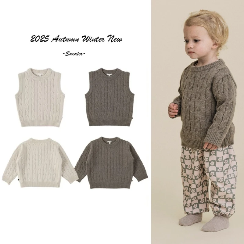 

2025 New Boys and Girls Retro Fried Dough Twists Knitting Pullover Sweater Knitting Vest Warm Long Sleeved Sweater Casual Wear