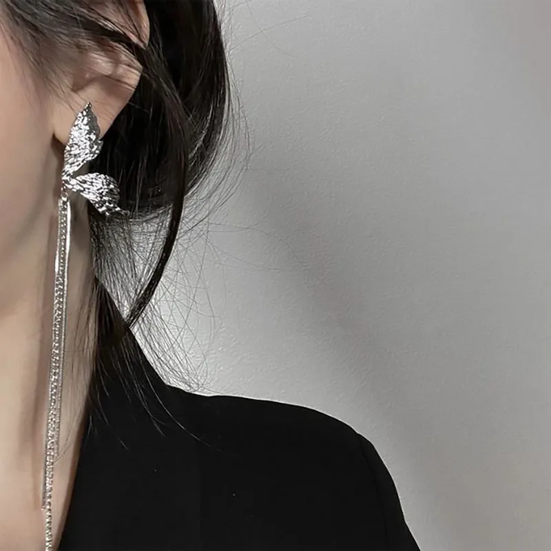 

Metal pleated butterfly wing earrings with tassel chain earrings