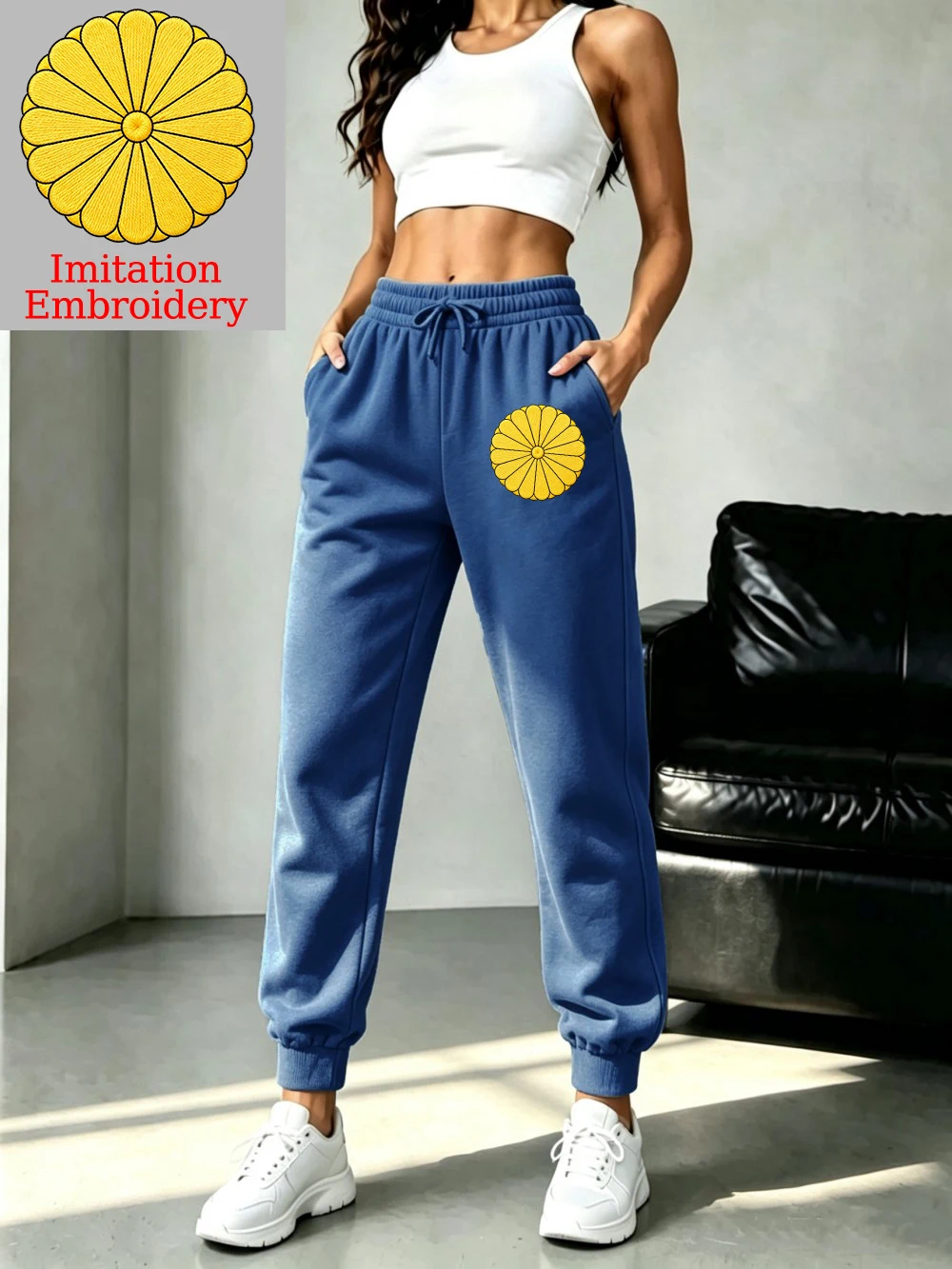 Japan Emblem Prints Womens Trousers Sporty Elastic Waist Sweatpants Basics Fleece Warm Pocket Jogger Pants Casual Loose Clothes