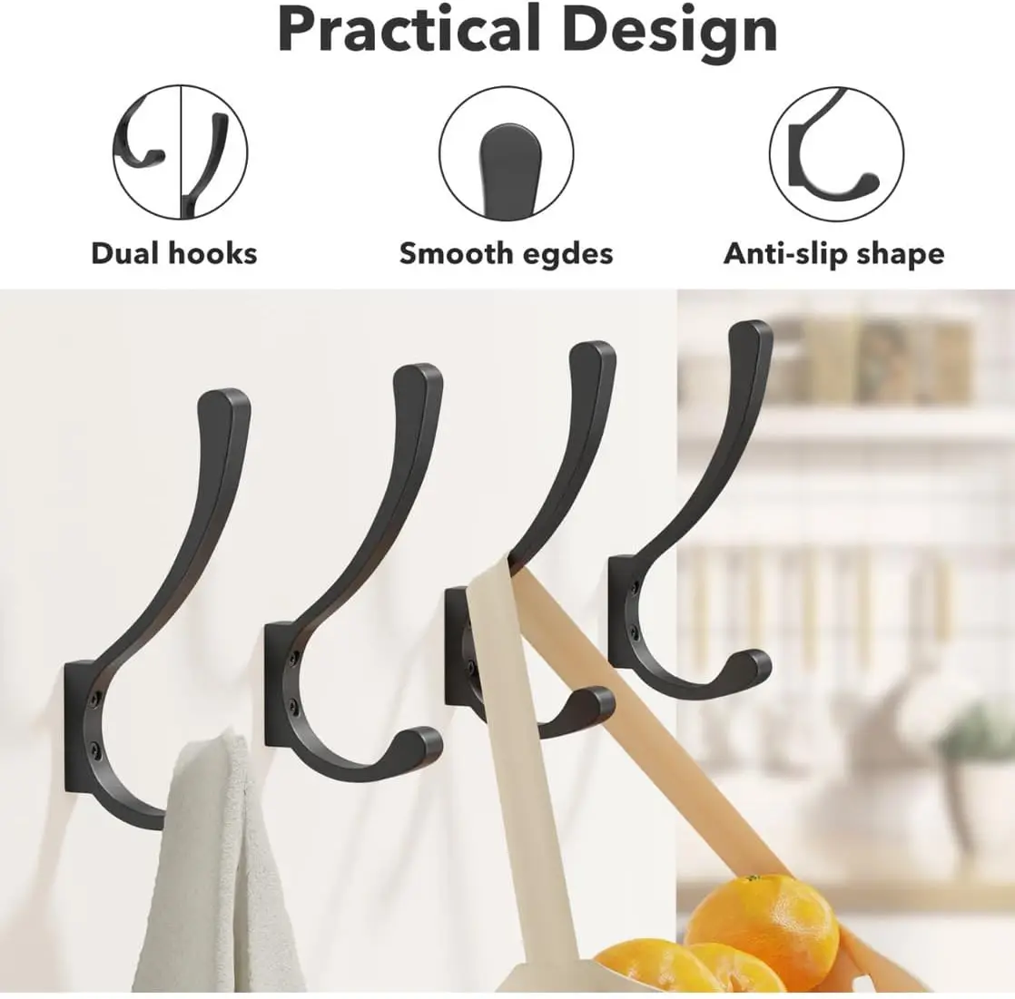 Heavy Duty Wall Mount Coat Hooks 4 Pack, Metal Hooks for Hanging Clothes, Backpack, Towel & Jacket with 30 lbs Capacity, Black
