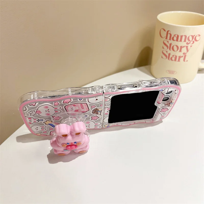 Cute Milk Tea Rabbit Phone Case for Samsung Galaxy Z Flip 3 Z Flip 4 Z Flip 5 Hard PC Back Cover for ZFlip5 Case Shell
