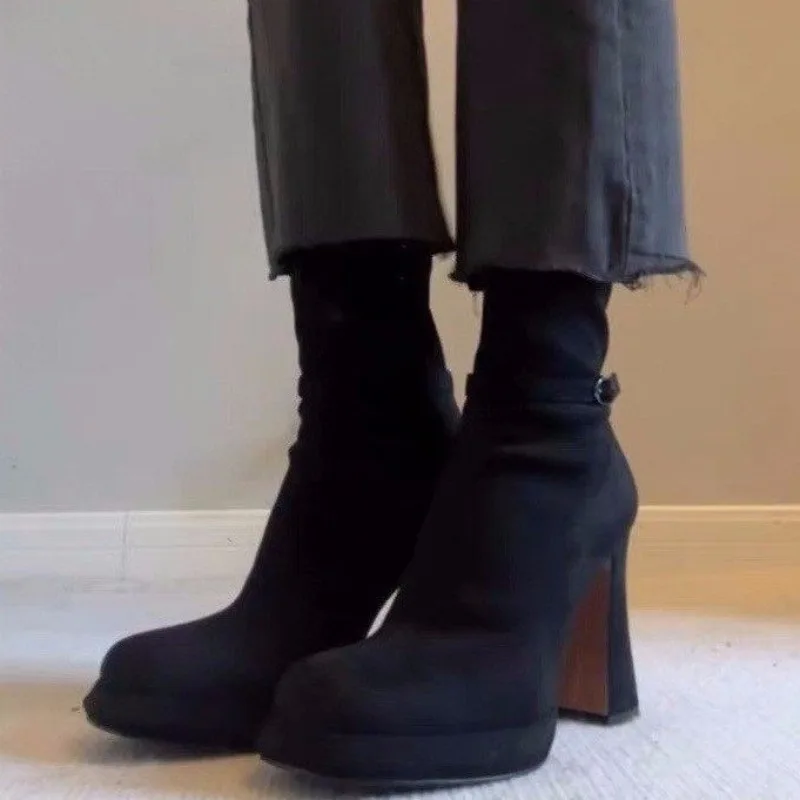 

Hot Seller High Heel Ultra High Heel Waterproof Platform Boots Women's 2026 New fashion Retro Belt Side Zipper Elastic Slim Boot