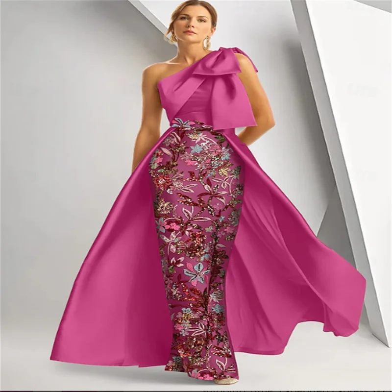 A-Line Floor Length Evening Gown Ball Gown with Overskirt Formal Dress Elegant Vintage Glittering Sleeveless One Shoulder Formal