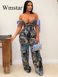 Wmstar 2 Piece Sets Women Sexy Printed Oil Painting Pattern Strap Drawstring Multi Pocket Pants Set Wholesale Dropshipping 2024