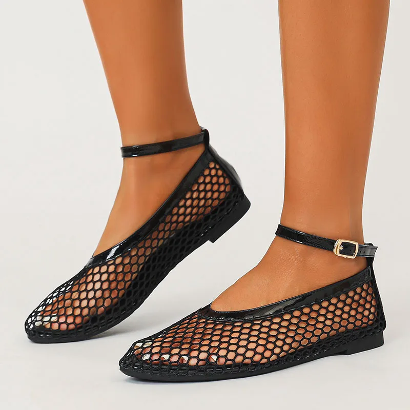 Aneikeh Summer Fashion Hollow Fishnet Flat Shoes Ankle Strap Buckle Square Toe Mesh Ballet Flats Casual Walking Sandalias Mujer