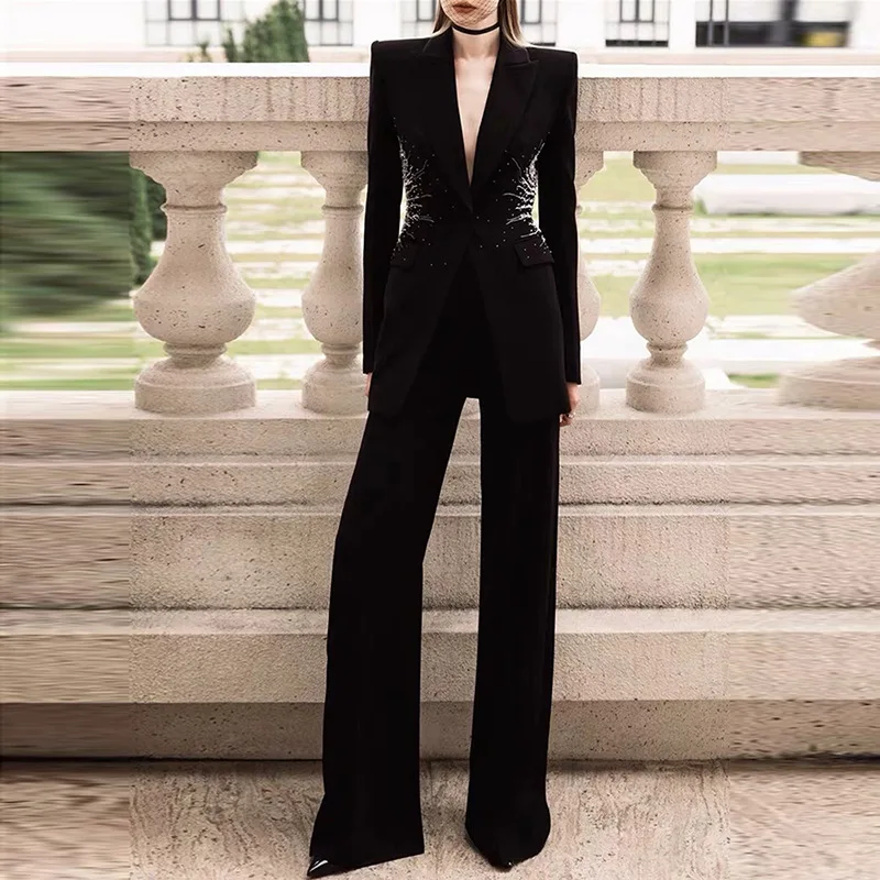 

Fashion High Street 2026 Heavy Beaded Diamond Suit Pants Outfit Elegant Deep V-Neck Business Formal Slim Women 2-Piece Party Set