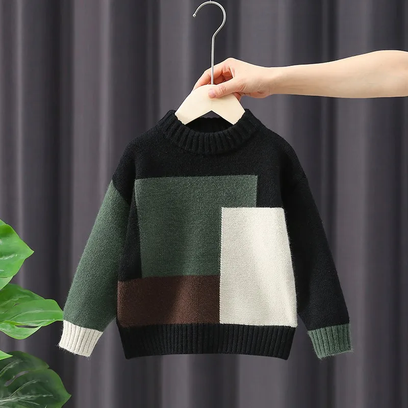 4-15Y Children's O-neck Long Sleeve Sweaters Spring Winter Color Blocked Warm Knitwear for Boys Kid's Fashion Clothes H146-36