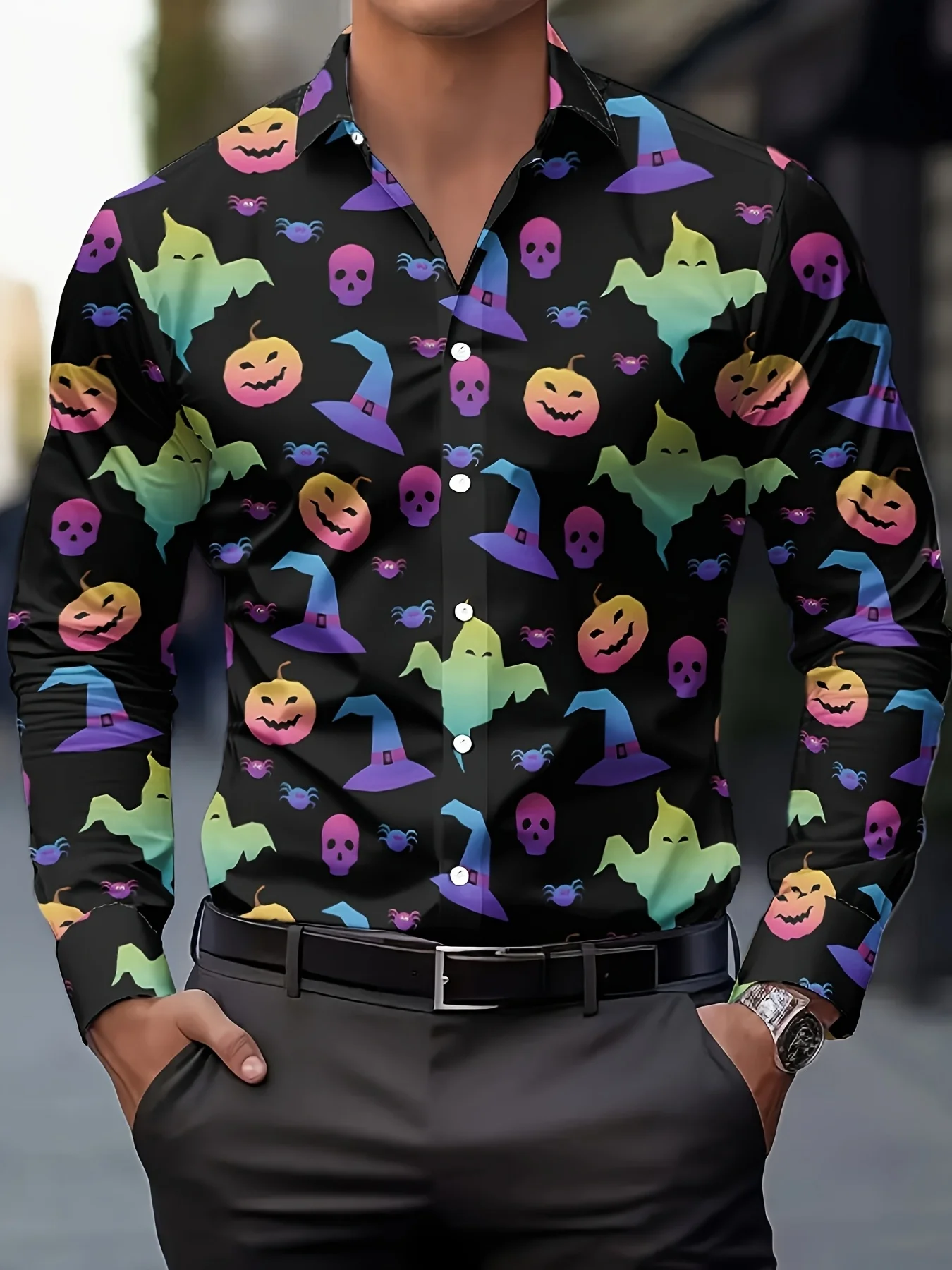Men's Long Sleeve Shirt Halloween Ghost Pumpkin Witch Hat Print Lapel Button‑Up Casual Party Festival Streetwear Men Clothing