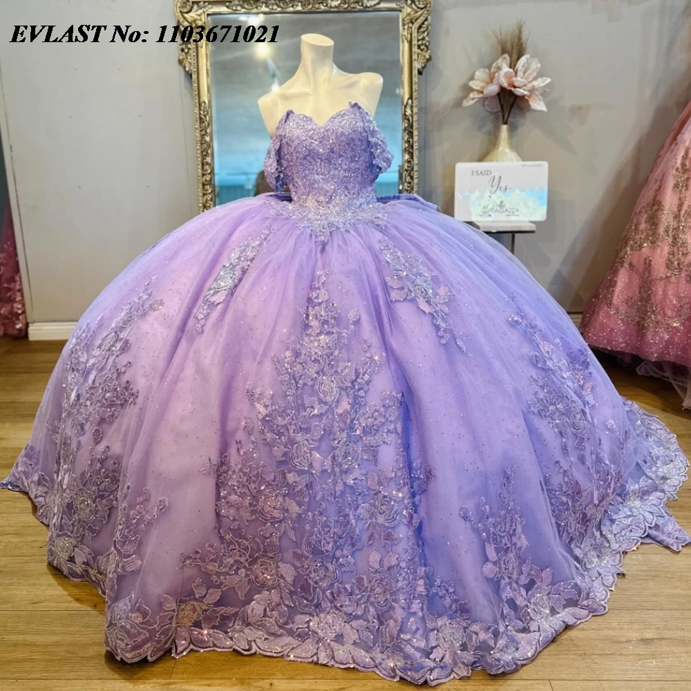 EVLAST Glitter Lavender Quinnceanera Dress Ball Gown Shiny Lace Applique Beaded Mexico Corset Sweet 16 Vestidos De 15 Anos SQ672