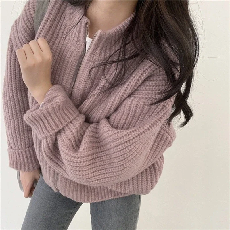 2024 Autumn Women\'s Knitted Jacket New Korean Chic Casual Sweater Coat Solid Color Zipper Thick O Neck Cardigans Women