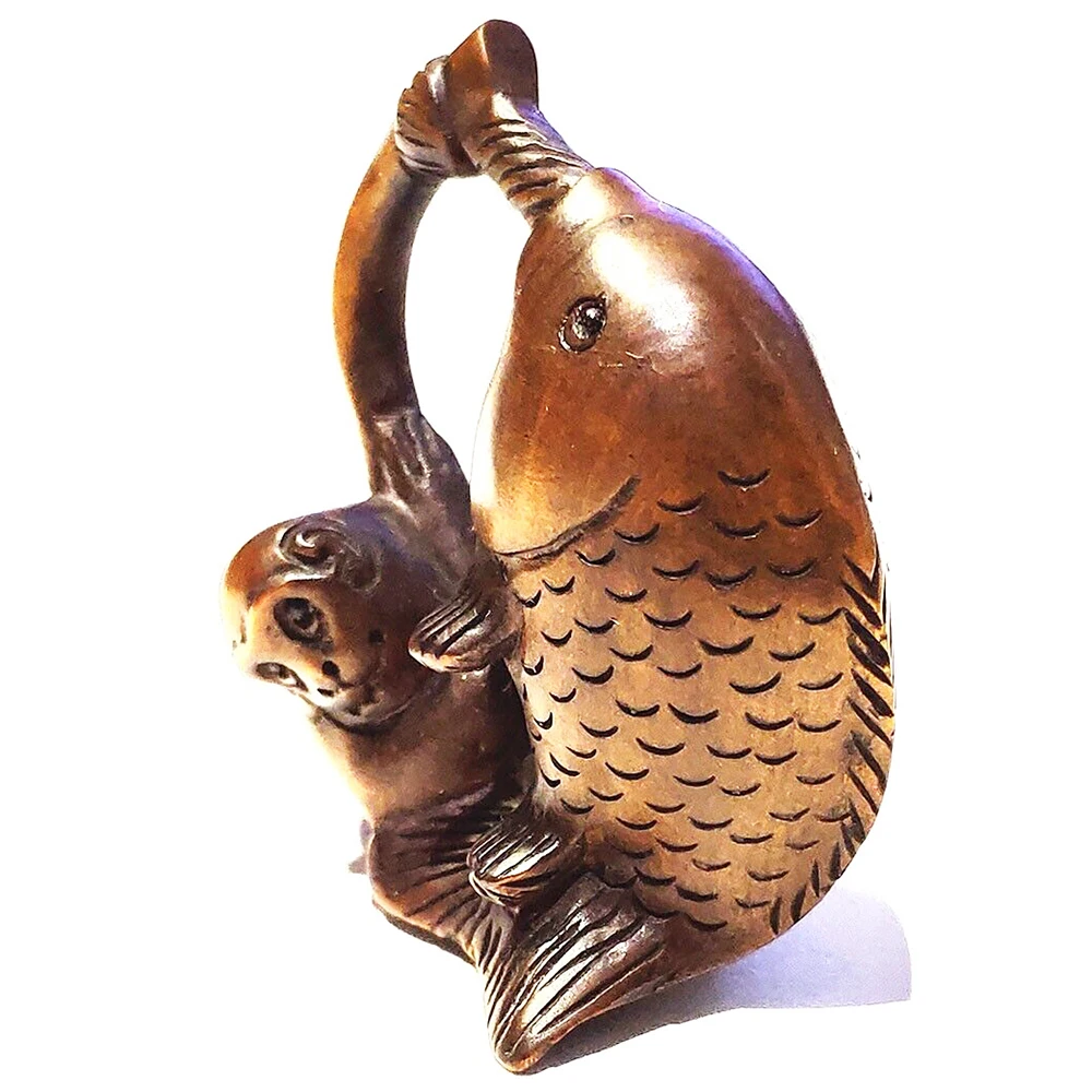 

RS513, 2-дюймовая резная фигурка японского самшита Netsuke, обезьяны и рыбы, скульптура животного, небольшие украшения