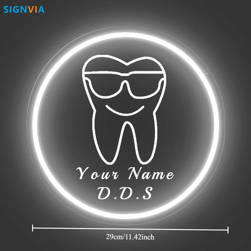 Custom Neon LED Tooth Sign with Glasses USB-Powered Wall Decor for Dental Parties Personalized Name White Light Circular Decor