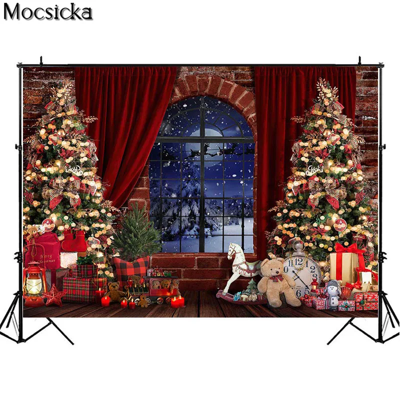 Mocsicka Giáng Sinh Lò Sưởi Phông Nền Chụp Ảnh Màu Đỏ Gạch Tường Mùa Đông Tuyết Cây Giáng Sinh Họ Chân Dung Ảnh Nền