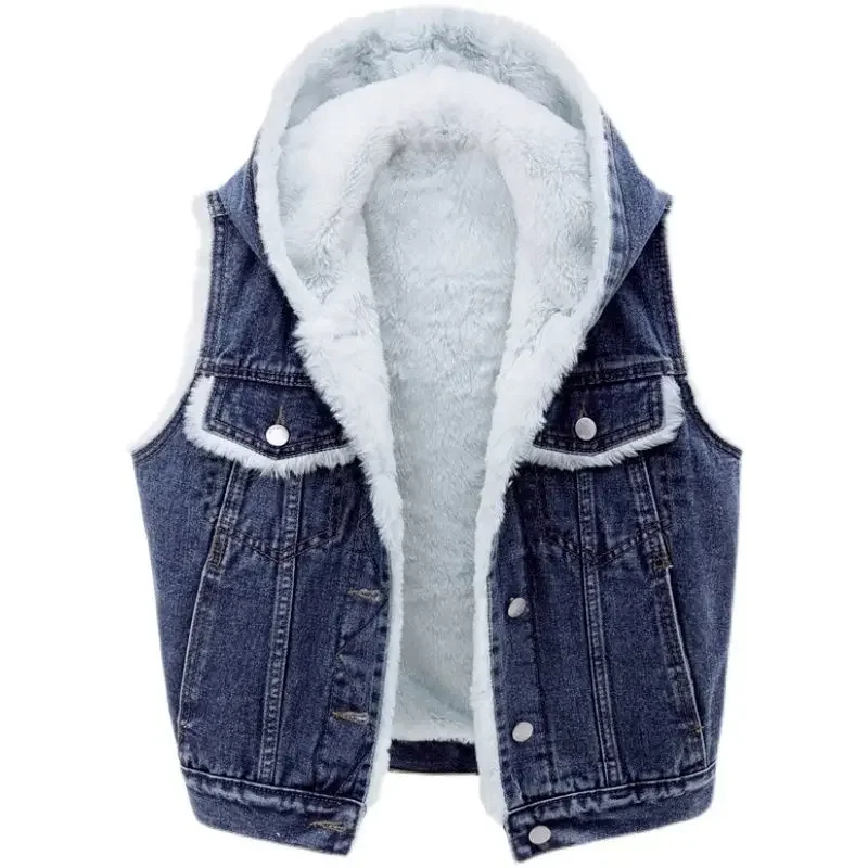 Coat Women Denim Coats Hooded Lamb Wool Jackets Vests Y2k Streetwear Work Casual Elegant Splice Jacket  Autumn Winter