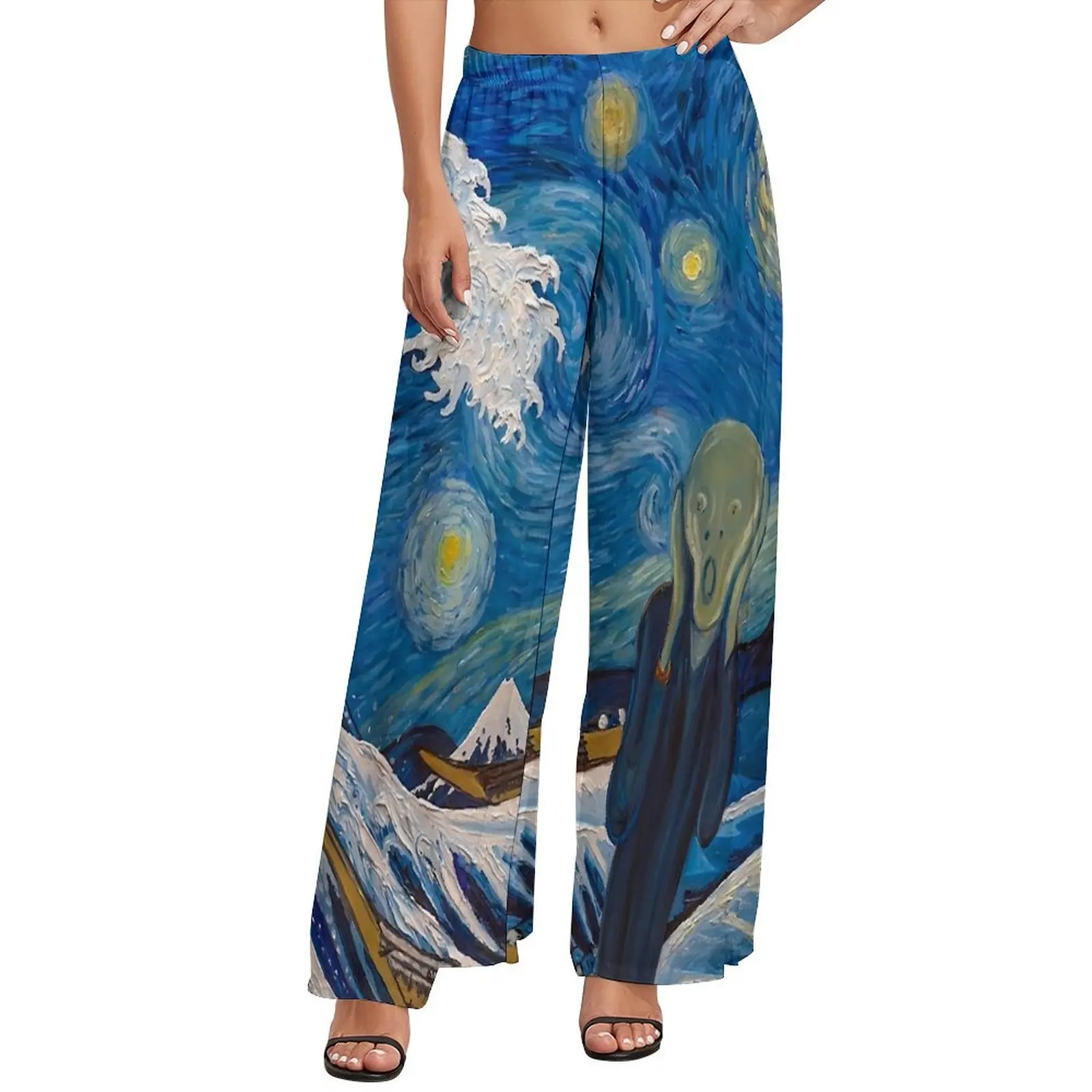 The Great Wave Pants Women Vincent Van Gogh Streetwear Trousers Elastic High Waist Casual Wide Pants Gift