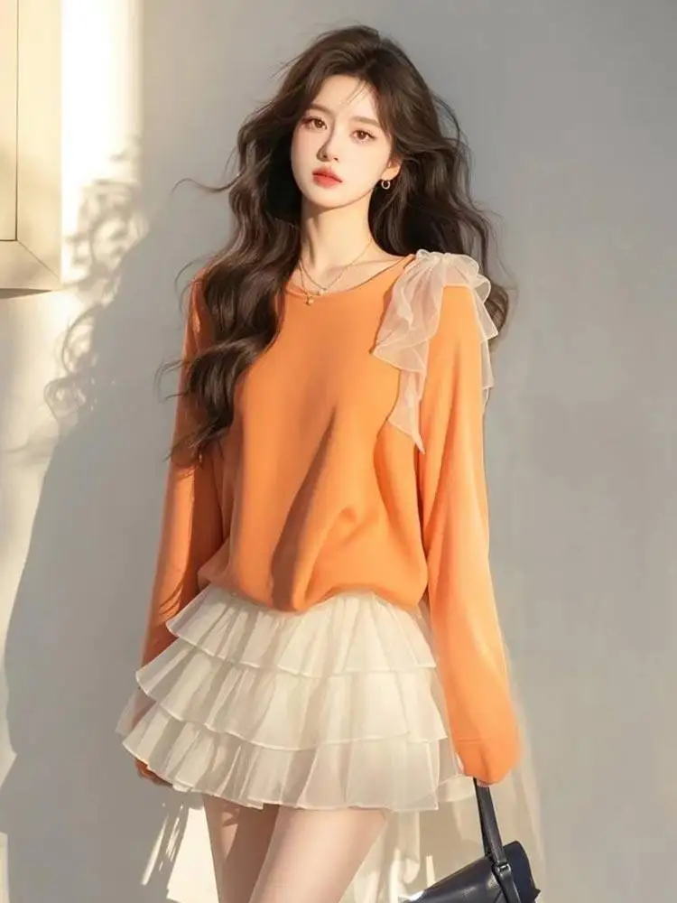 

Unique Lace Splicing Long Sve Knitted Sweater Women's Faion Spring Autumn Sli Top Korean Loose Fit Warm round Ne
