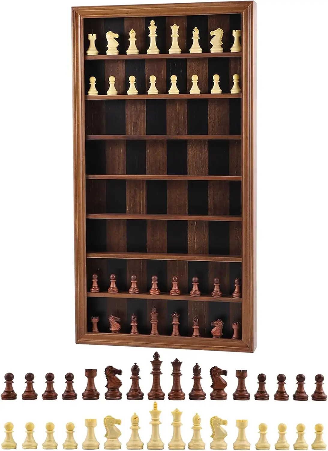 

Wall Mounted Wooden Chess Set with Carved Pieces, Vertical Display Cabinet for Home Decor, 28.5x15.4x2.2 inches