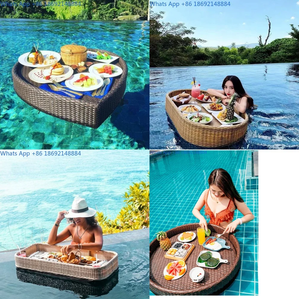 Floating Pool Breakfast Tray Wicker Basket for Hotel and Outdoor Use Afternoon Tea Serving Platter