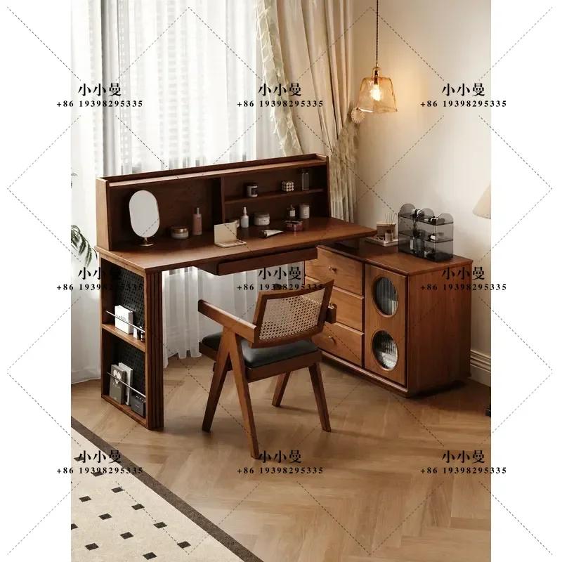 Solid Wood Chest Dresser with Retractable Cosmetic Table Integrated Bedroom Storage Cabinet Medium Antique Bedside Nightstand