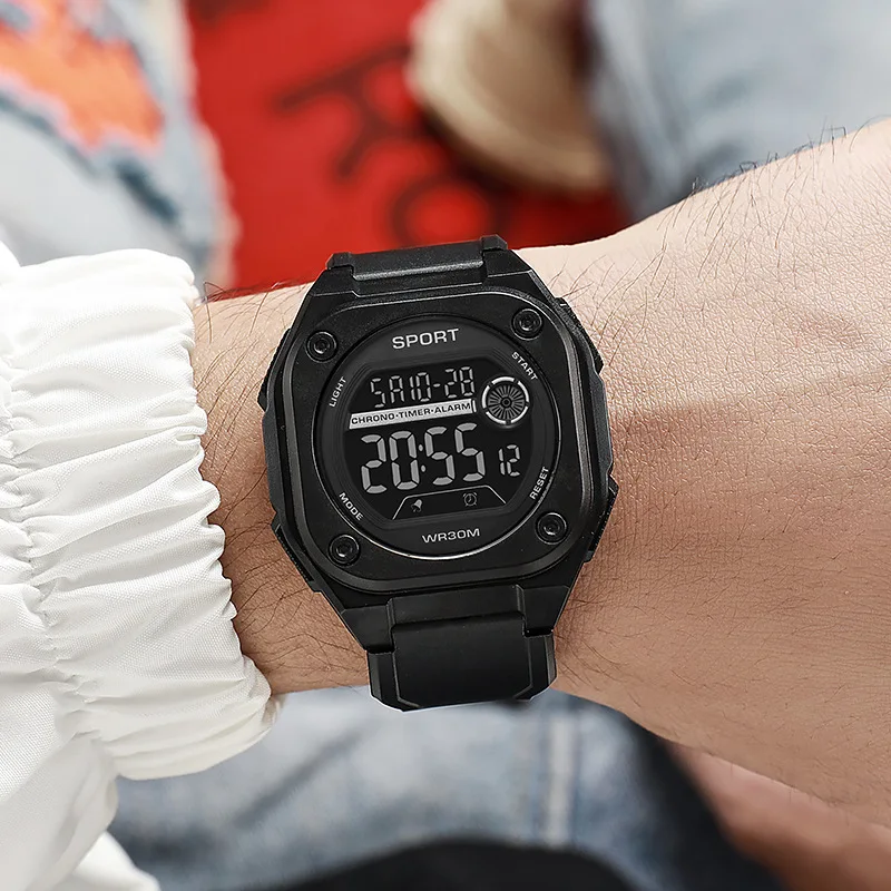 Multi functional square LED watch, simple night light men's sports electronic watch