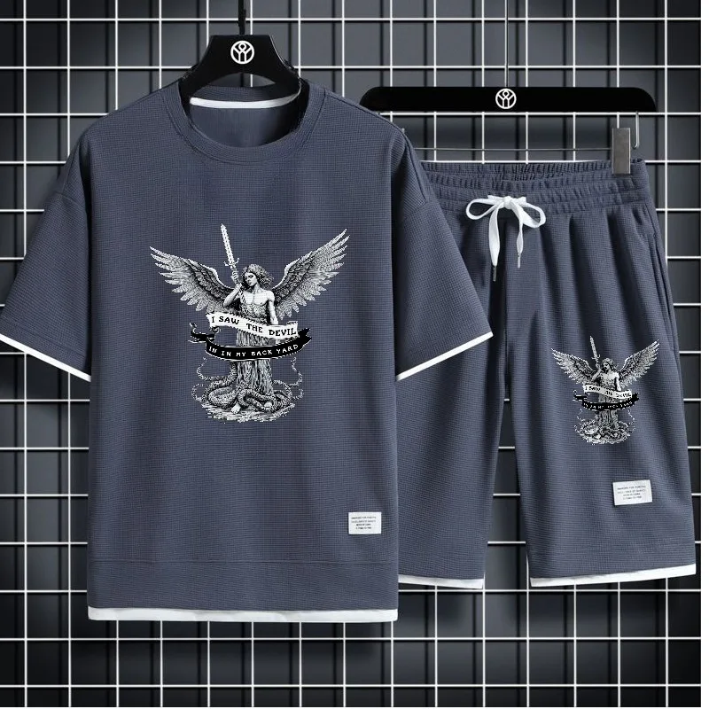 

2025 summer Waffle men's sets Sports T-shirts+shorts Set Thin Outfit Set for Men Casual Streetwear Fashionable Design tracksuits