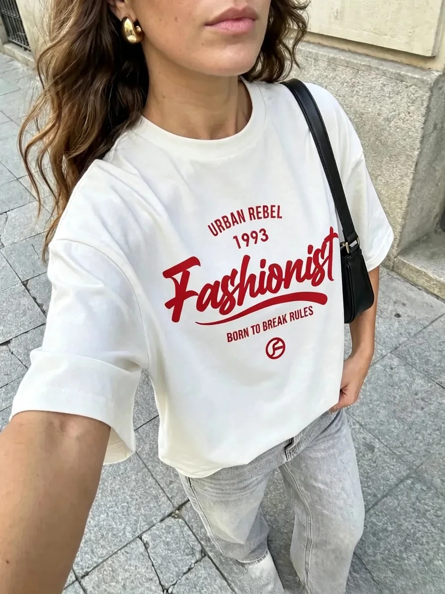 American Lazy Style Cotton Women's Chic Red Letter Print T-shirt  Basic Casual Short Sleeve Female Loose Fit Soft Daily Top