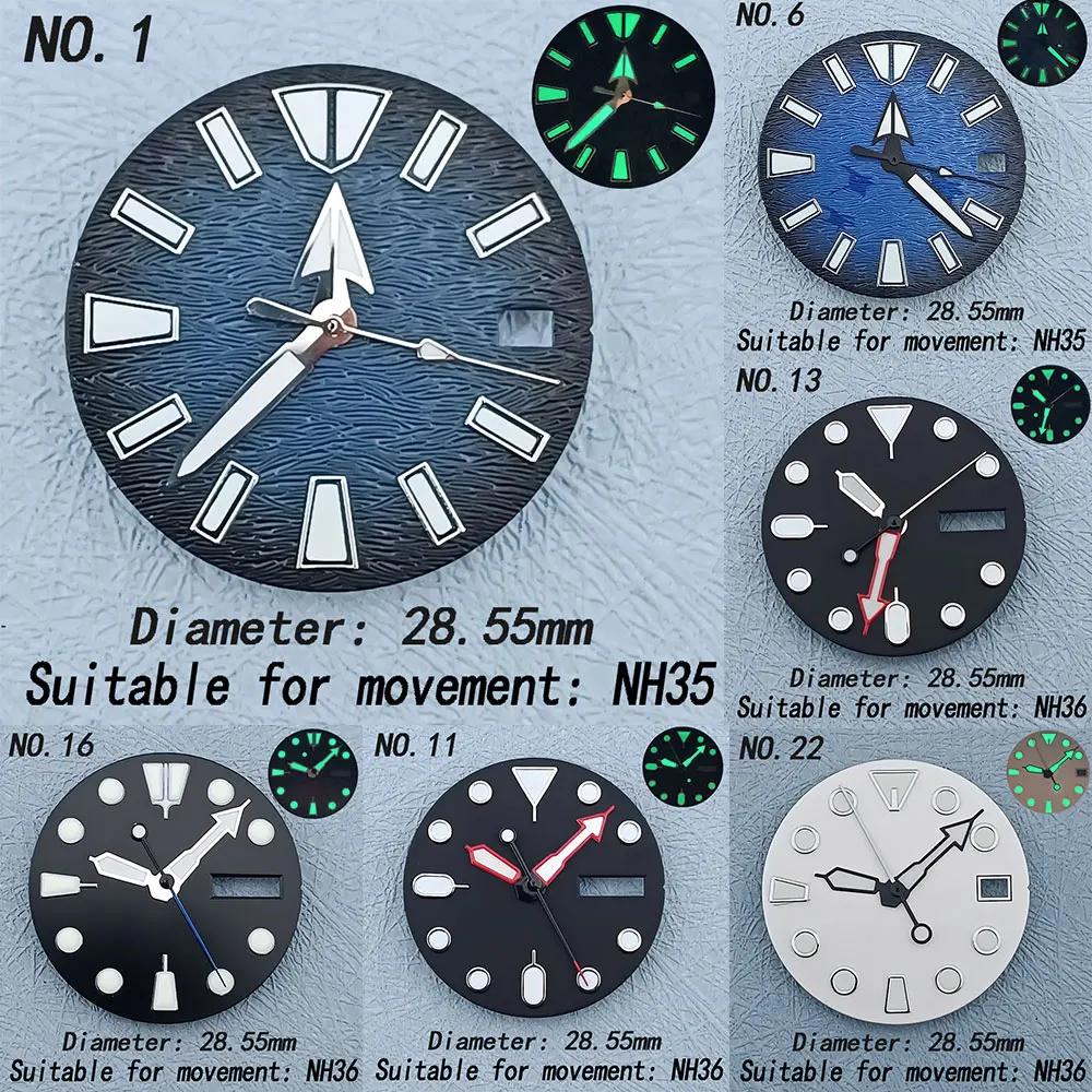 28.55mm fit nh35 nh36 movement dial with luminous needle customized logo Black white blue dial mechanical watch accessories