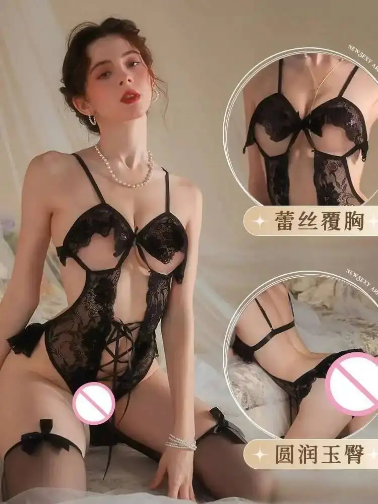 Nouveau Sexy 2025 col bas dos nu évider dentelle maille pure body femmes cintré taille mince ouvert entrejambe body O5NC