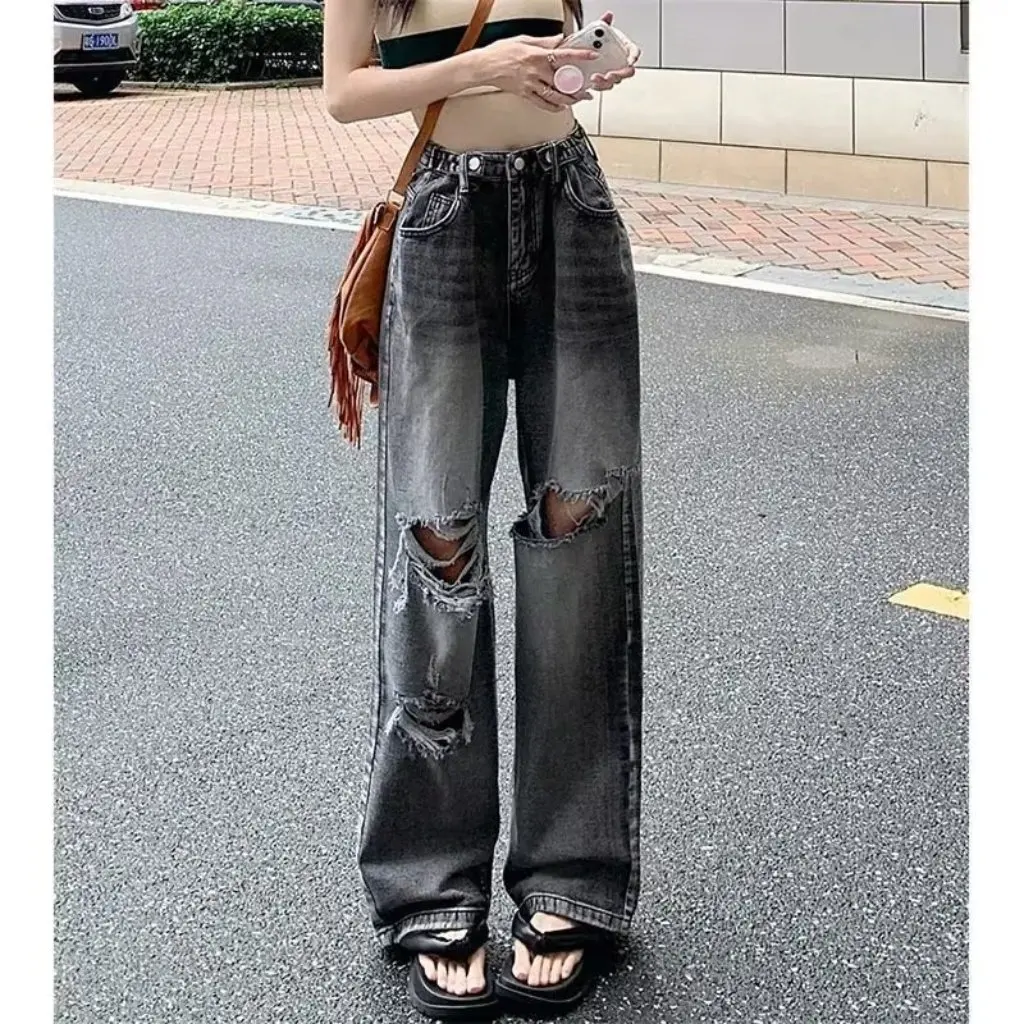 

Retro High Waist Ripped Jeans for Women Loose Wide Leg Straight Pants Autumn Slimming Design Fashionable Dad Jeans