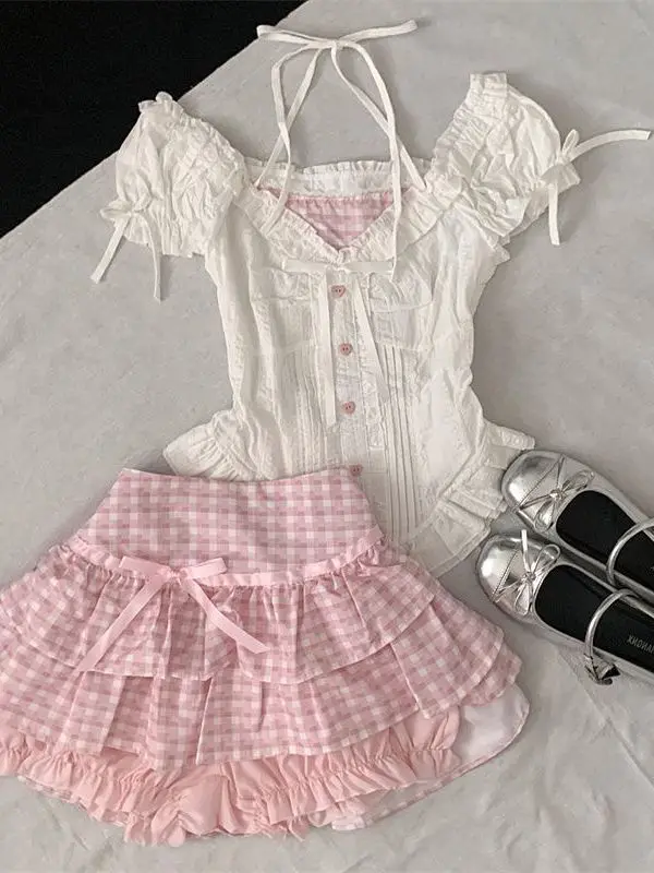 

Розовый клетчатый комплект из топа и юбки Bubble Sve Knot ter, женский модный комплект из двух предметов для колледжа, летний комплект...