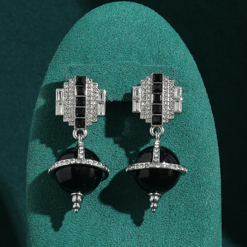 

Vintage Elegant Black Pearl Drop Earring For Women Silver Color Charm Rhinestone High Designer Evening Party Luxury Accessories