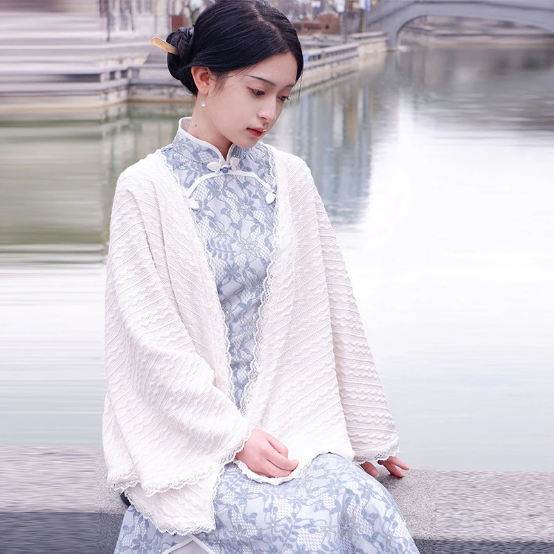 

Women Spring Autumn Elegant Cardigan Retro Knitted Poncho Shawl Cheongsam Dress Shawl Cloak Literature Tassel Wraps Capes Tops