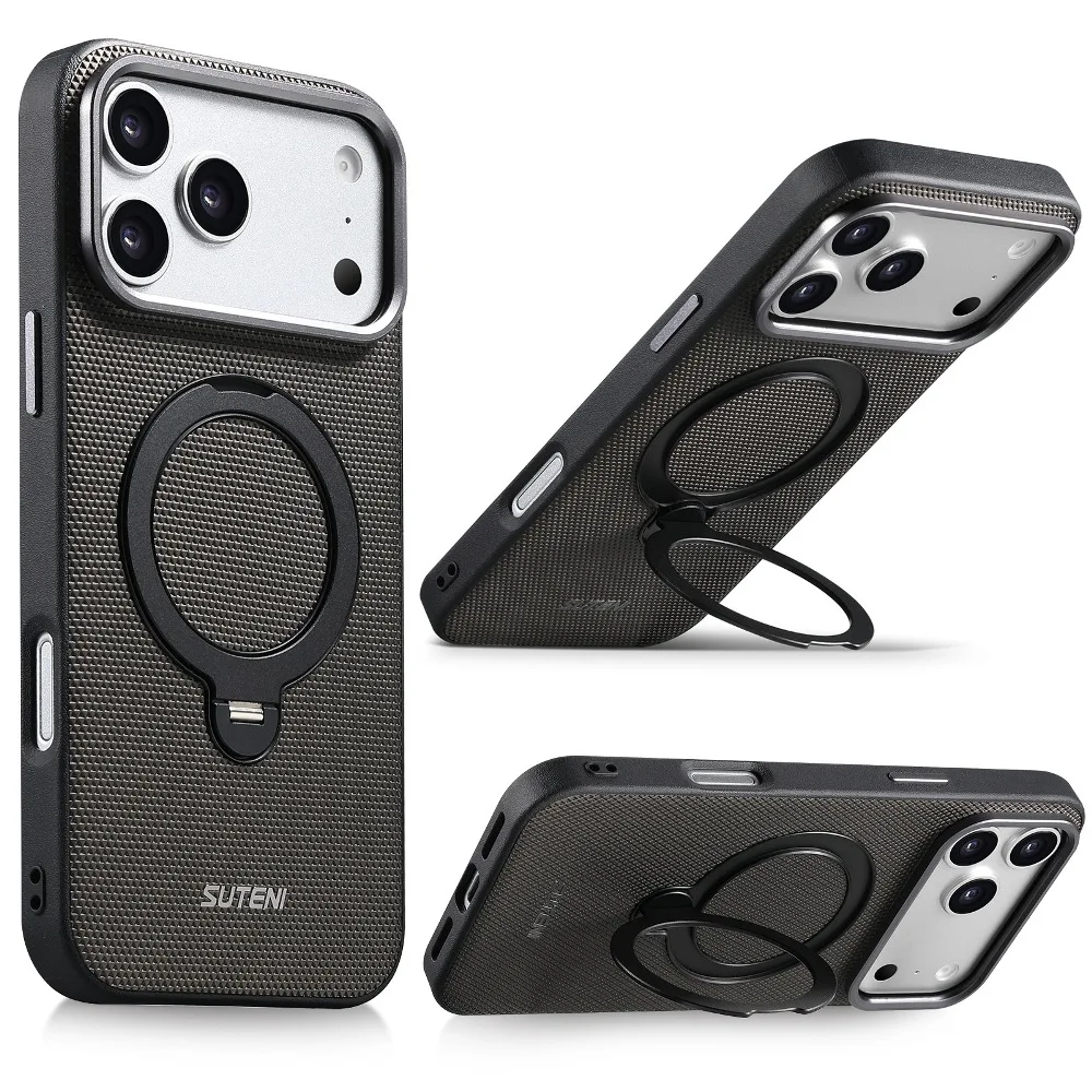 Classic Solid Color Leather Phone Case for iPhone 17 16 15 14 Pro Max with Back 360° Rotatable Metal Bracket