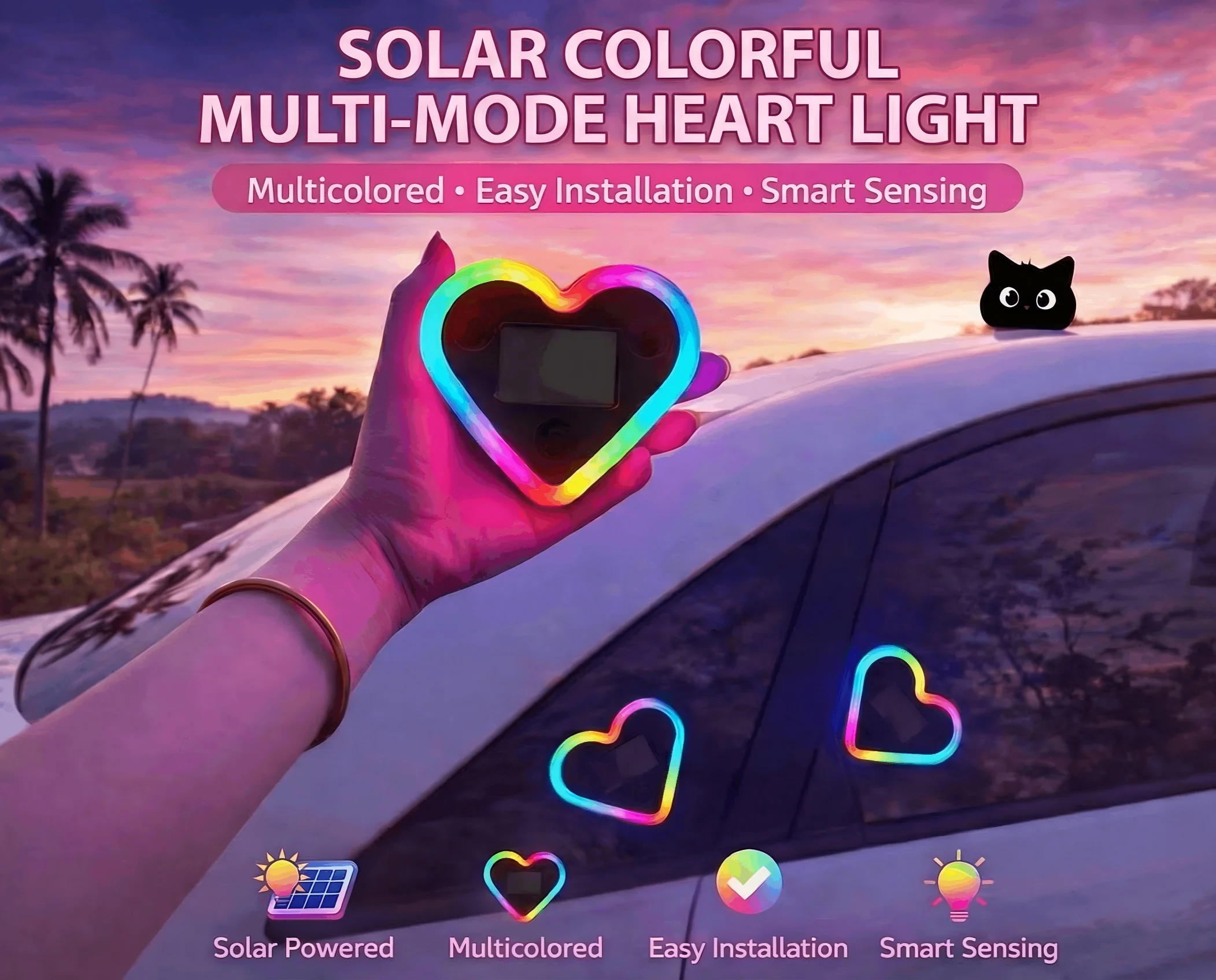 

Solar Power PoweredSolar Car LED Ambient Light Heart Neon Light Auto Interior Ambient Atmosphere Suction Cup USB Rechargeab