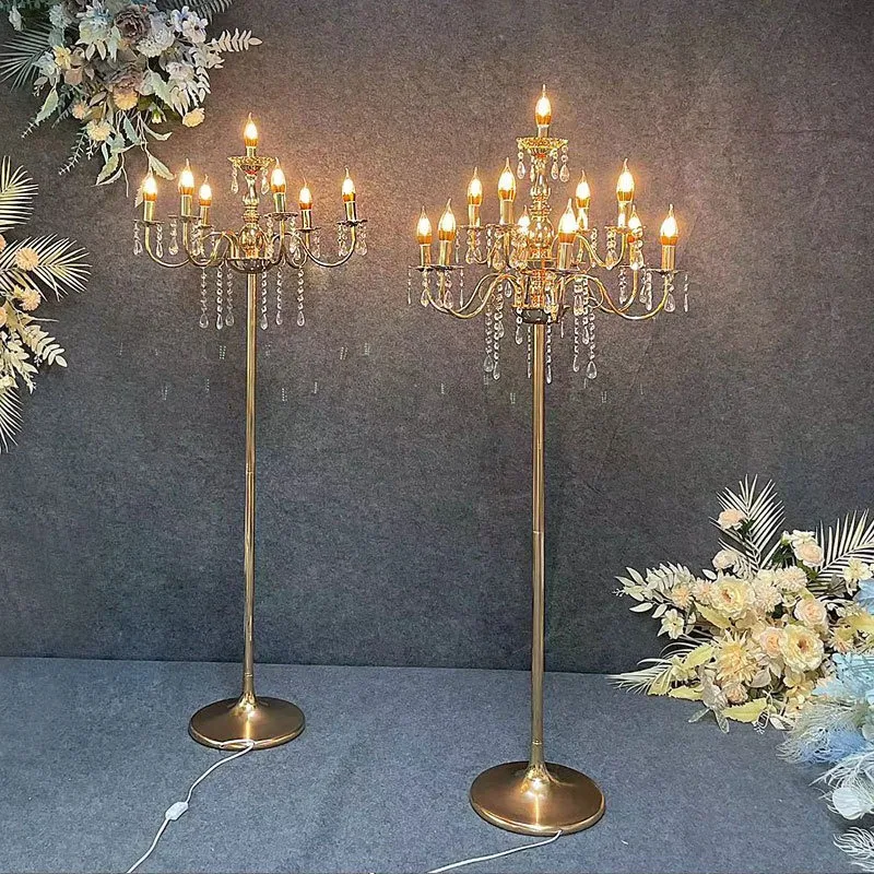 arrangement wrought iron electroplated gold multi-headed crystal street light vertical T-table decorative light