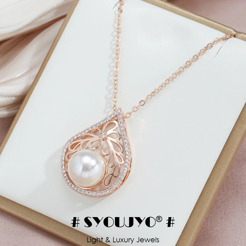 SYOUJYO Luxury Pearl Pendant Necklace for Women 585 Rose Gold Color Bride Wedding Jewelry Water Drop Natural Zircon Charms