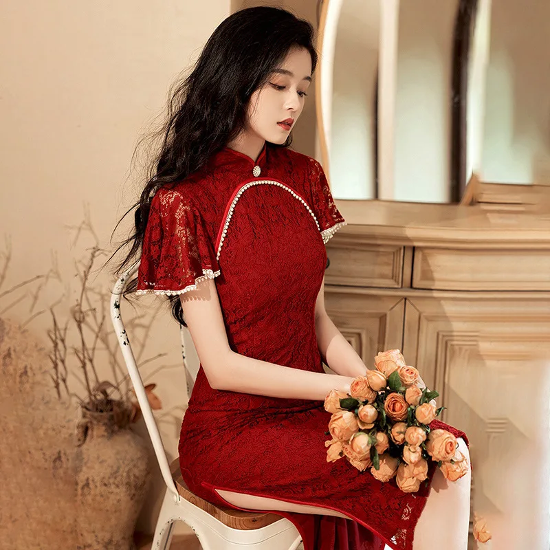 Wine Red Vintage Lace Cheongsam Big Short Sleeve Beads Improved Qipao Women Spring Young Girl High Quality Slim Dress