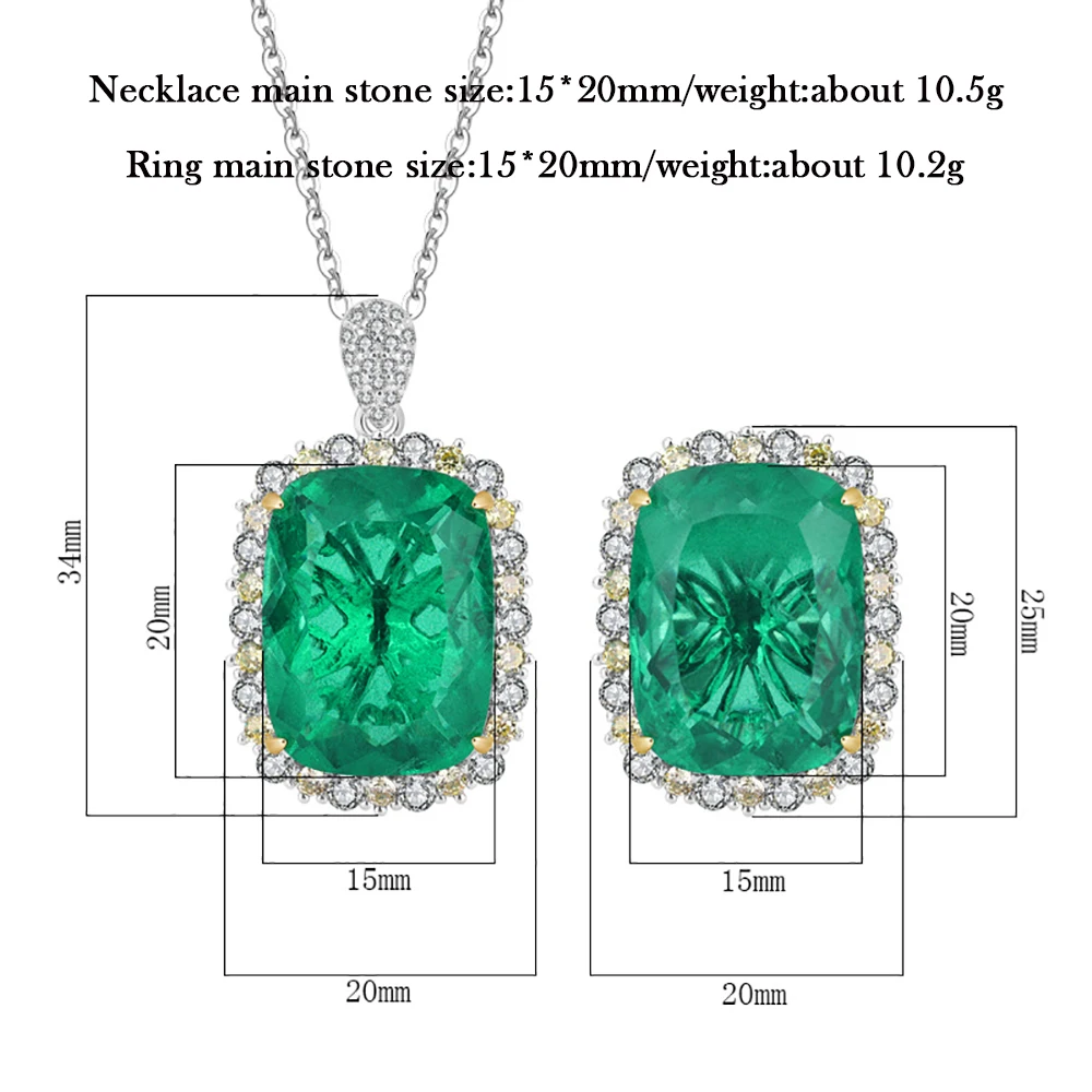 Vintage 100% 925 Sterling Silver 15*20mm Emerald Gemstone Lab Diamond Pendant Necklaces Rings Fine Jewelry Sets Gift for Women