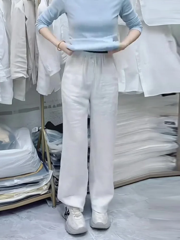 Branco perna larga algodão linho calças casuais das mulheres verão cintura elástica tubo reto commute sle calças de cintura alta