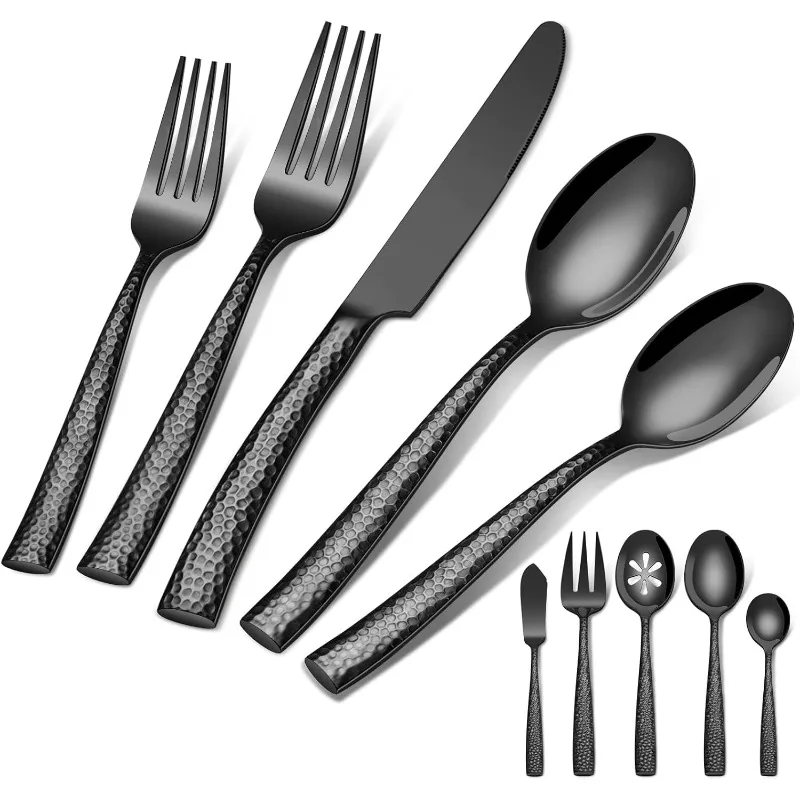 

45-Piece Silverware Set with Serving Utensils, Durable Stainless Steel Black Hammered Flatware Set for 8 with Knives Forks