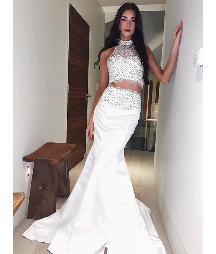 Personalizado de luxo cetim sereia cristal lantejoulas vestido noite sexy halter sem mangas até o chão vestidos de ocasião sob medida