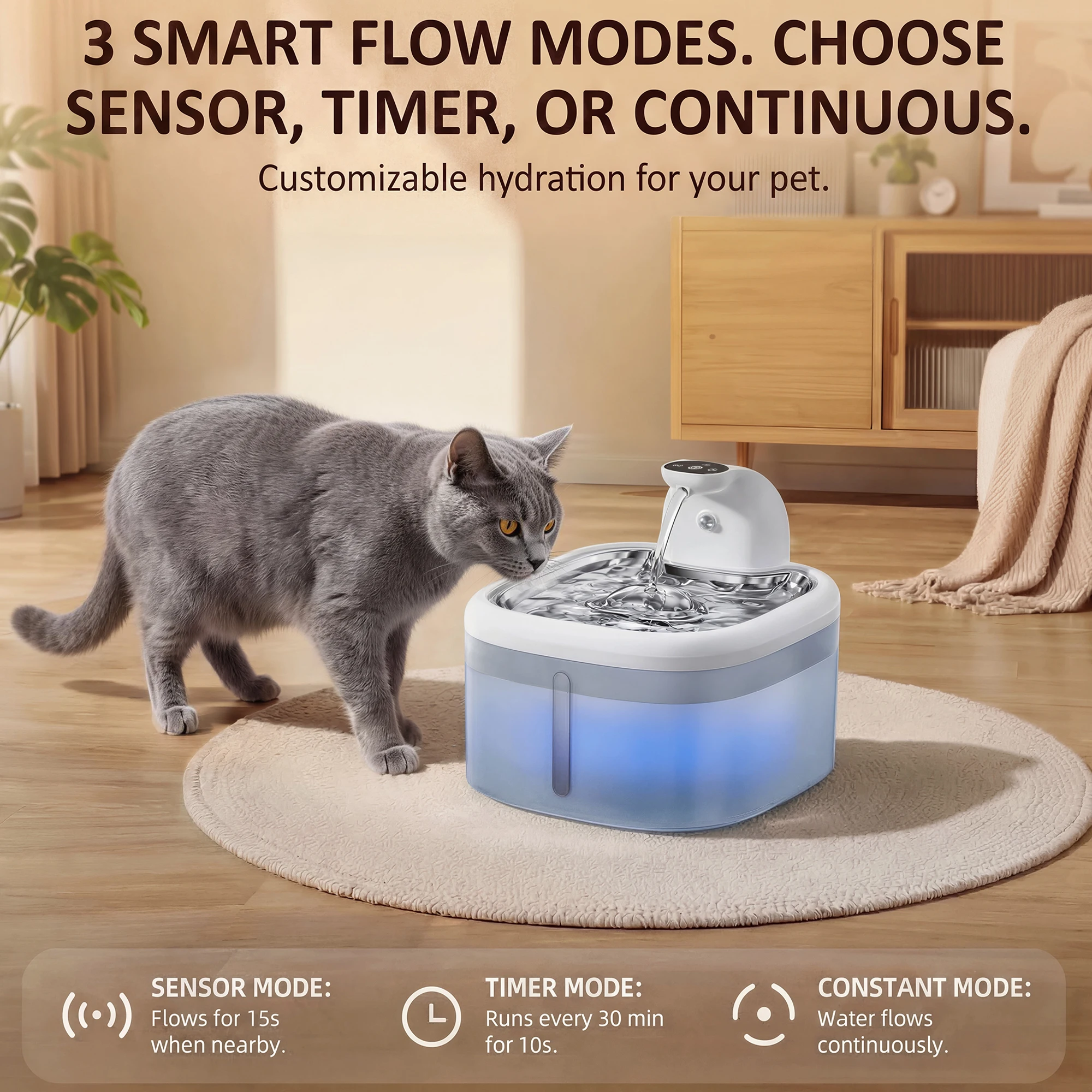 3.5L Wireless Cat Water Fountain Smart Sensor Faucet Mode Stainless Steel Ultra-Quiet 4000mAh Long Battery Pet Water Dispenser - view 2