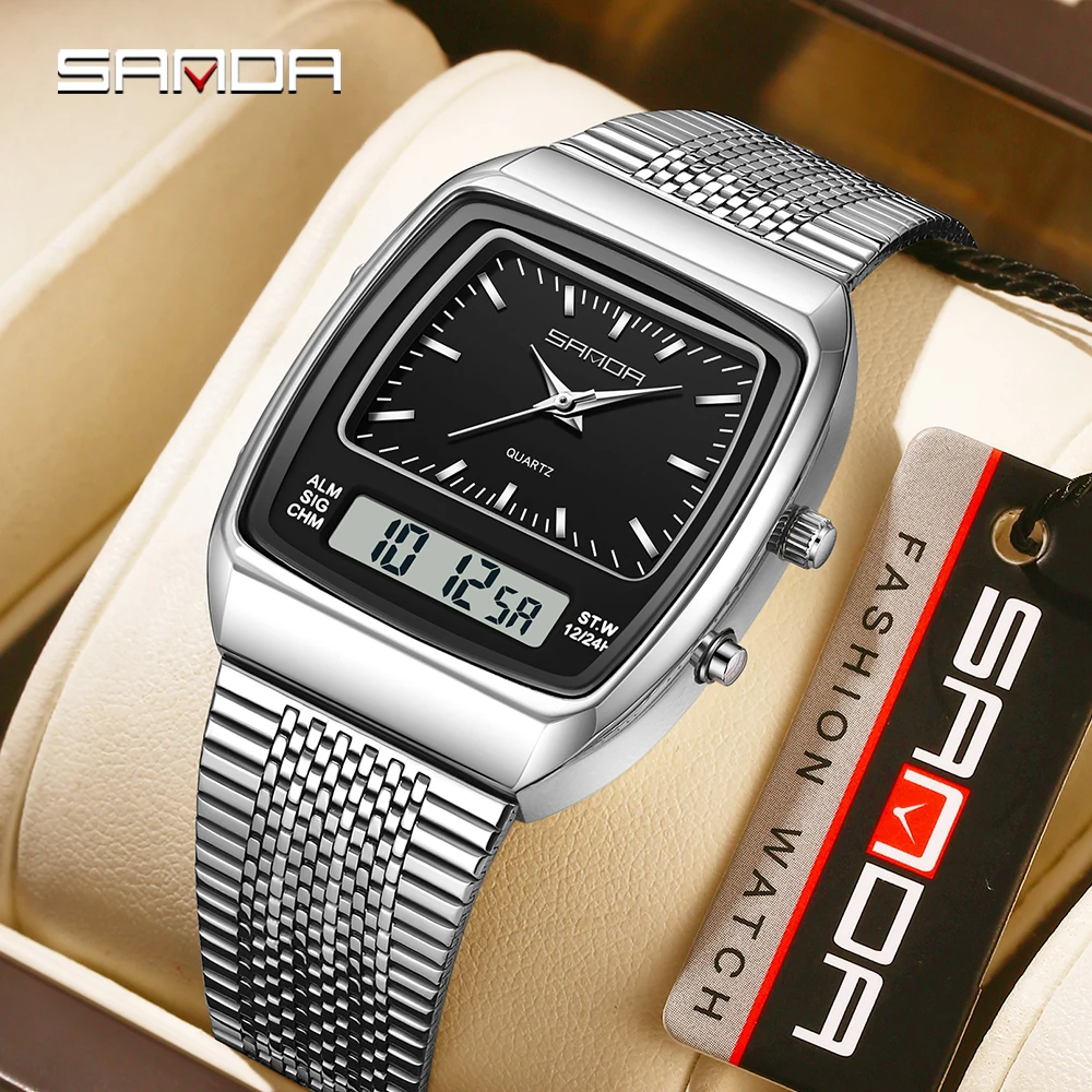 SANDA 3393 Retro Electronic Quartz Watch Multifunction Dual Display Clock Night Light Casual Mens Women Digital Reloj Hombre