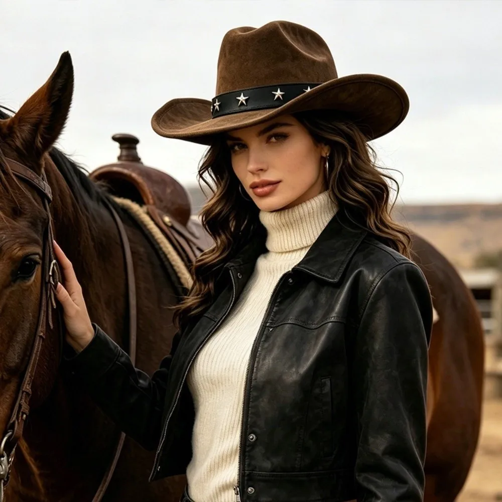 Fashion Big Brim Fedora Hat Five-pointed Star Belt Breathable Western Top Hat Vintage Curved Brim Cowboy Cap Couples