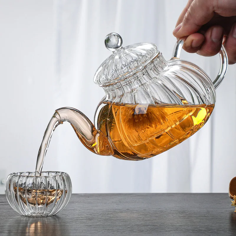 600ml Striped Pumpkin Shape Glass Teapot With Filter Heat Resistant Flower Tea Pot Kung Fu Puer Kettle Glass Tea Set Teaware