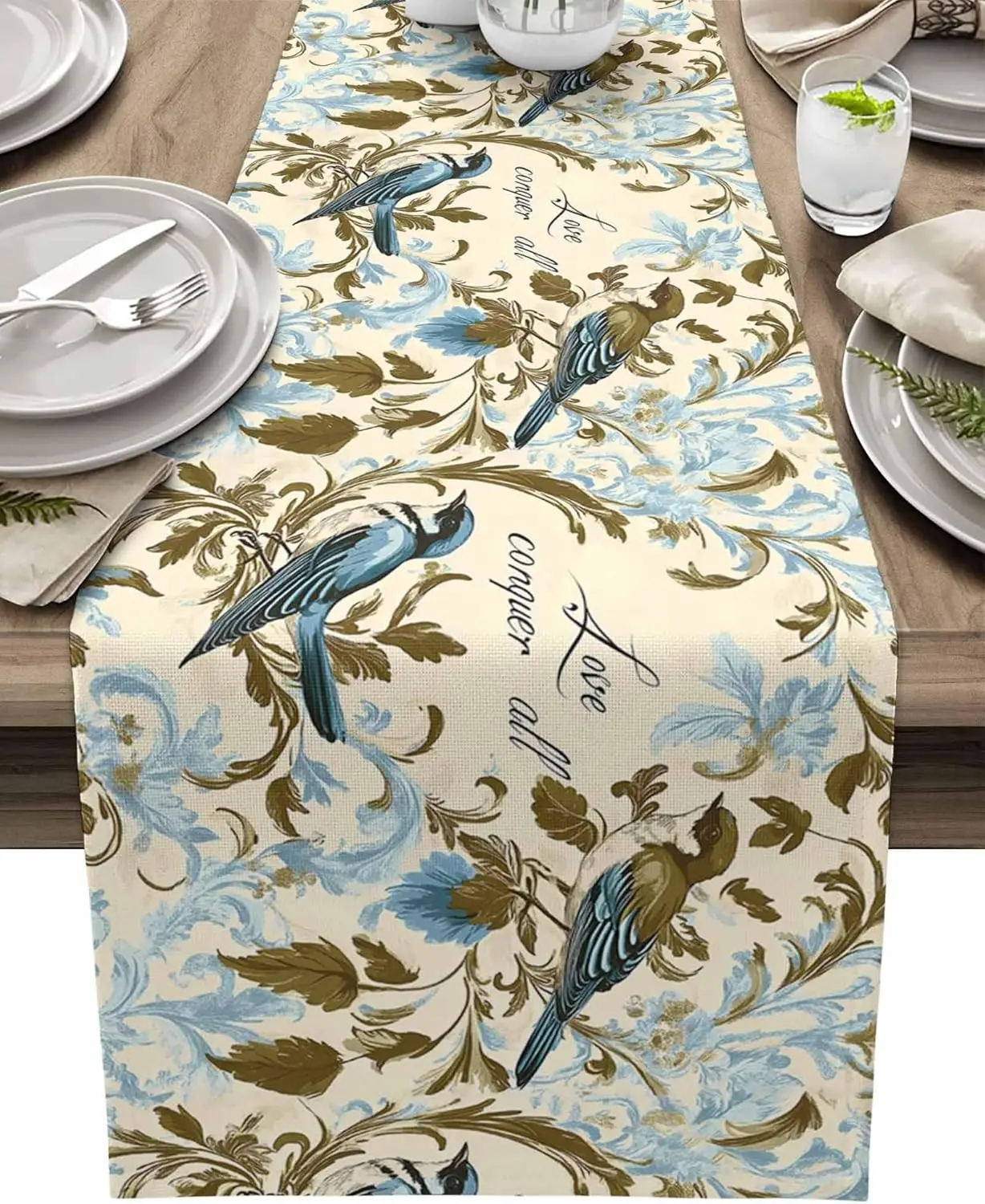 Vintage Floral Bird Leaf Linen Table Runner Dresser Scarve Table Decor Farmhouse Kitchen Dining Table Runner Holiday Party Decor