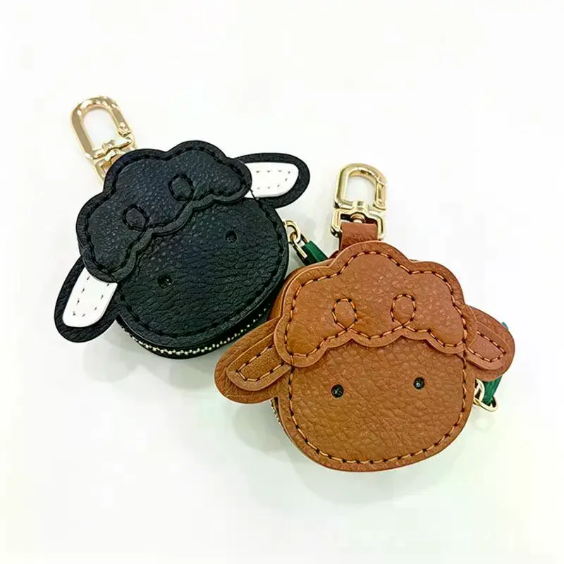 Cute Sheep Shaped PU Leather Mini Coin Purse Keychain For Hanging On Bags Storing Coins Earphones Daily Use