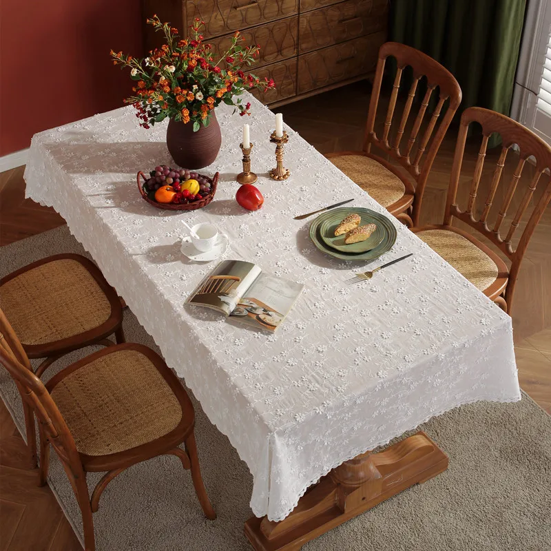 Pure Cotton Elegant Three-dimensional White Flower Embroidery Tablecloths Tea Coffee Lace Table Cloth for Wedding Decor