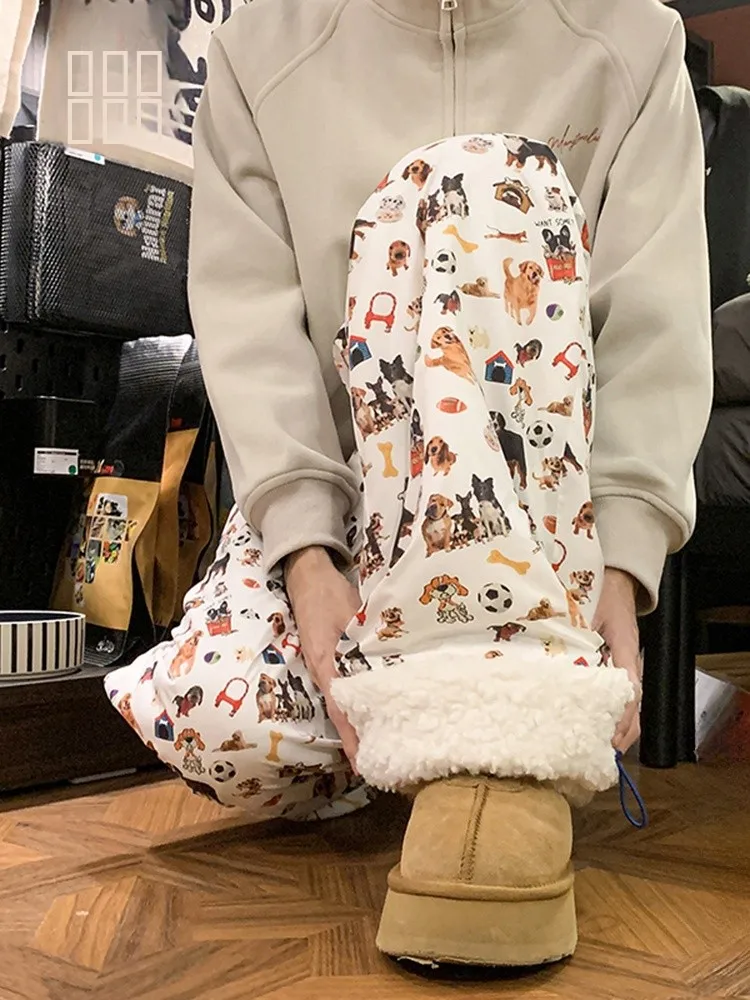 

Зимние хлопковые брюки Thiened Fce, мужские повседневные длинные брюки с мультяшным принтом, зимние брюки с мехом ягненка, защищающие от холода, молодежная мода