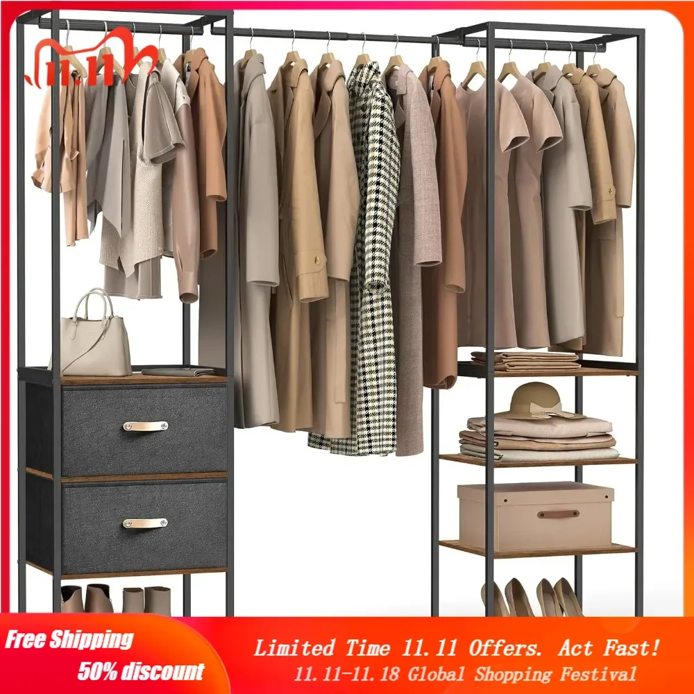 

Clothes Rack, 70.9 Inch Wardrobe Freestanding Closet, Heavy Duty Garment Rack with 1 Extendable Hanging Rod, 2 Drawers